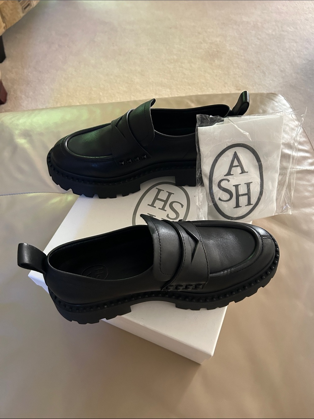 Ash Black Leather Lug-Sole Penny Loafers
